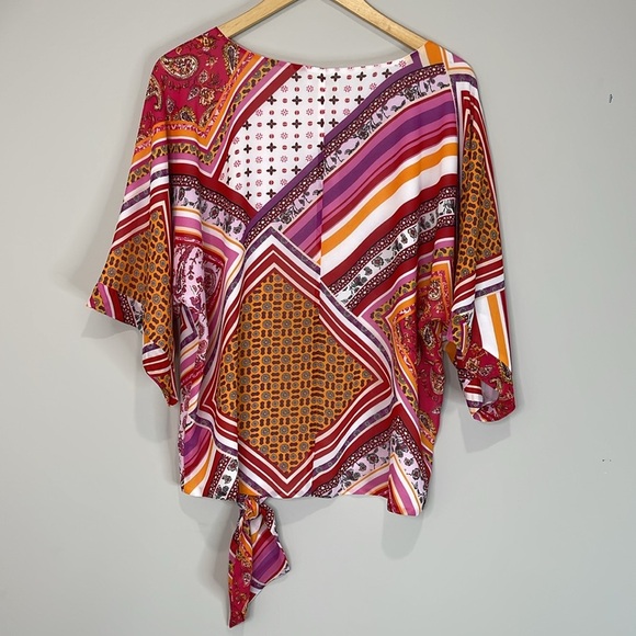 Laura NWT Colorful Patchwork Print Top Tied Waist Flowy Boho 70s Vibe Size 8 - Picture 7 of 12